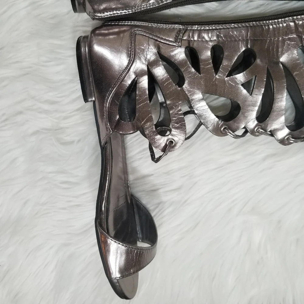 Metallic Silver Lace-Up Gladiator Knee-High Sandals - Women
